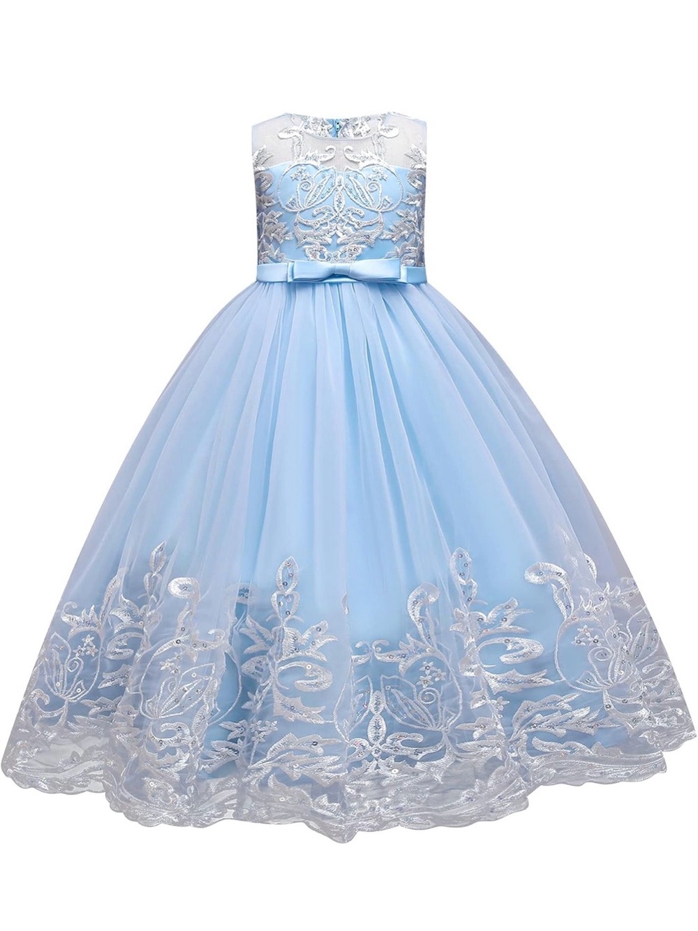 Girls' Light Blue Formal Tulle Dress with Satin Waist Bow Princess, 7-8 yr old